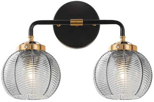 Main image of Vintage Bathroom Vanity Light Fixture Modern Wall Sconce Over Mirror | Thick Glass Ribbed Smoky Gray Globe Lamp Shade Mid Century Black Gold Vanity Lights Fixtures for Farmhouse Dining Room above