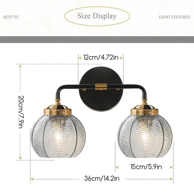 Alt view image 2 of 7 - Vintage Bathroom Vanity Light Fixture Modern Wall Sconce Over Mirror | Thick Glass Ribbed Smoky Gray Globe Lamp Shade Mid Century Black Gold Vanity Lights Fixtures for Farmhouse Dining Room above