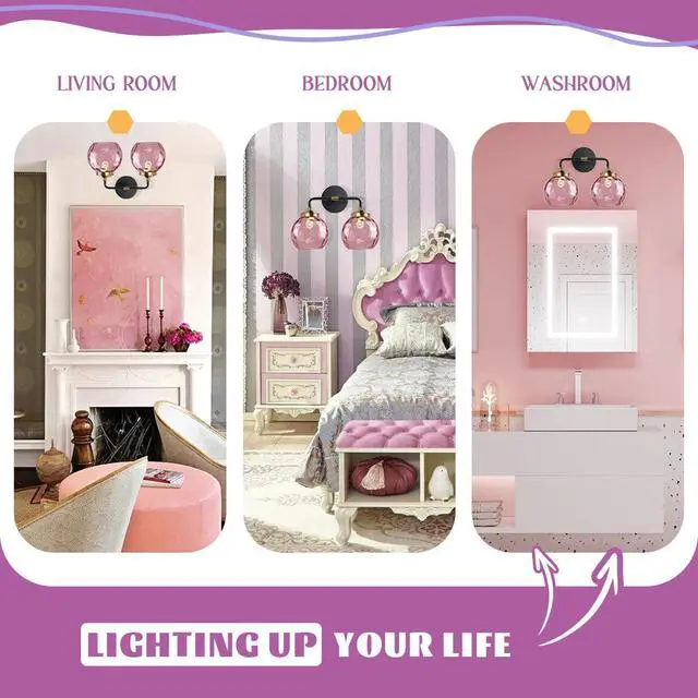 Alt view image 7 of 7 - 2-Lights Pink Bathroom Vanity Light Fixture Modern Glass Globe Wall Sconce Vintage Hammer Glass Vanity Lights Bathroom Over Mirror Wall Lamp Black for Hallway Living Room Stairwell