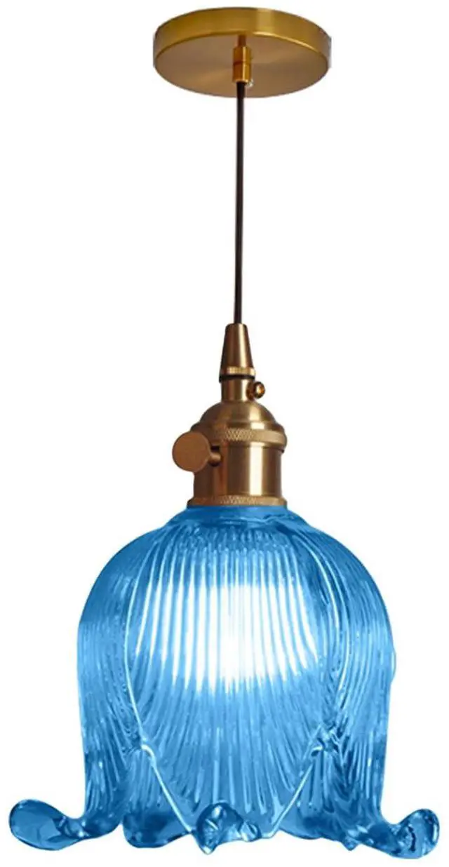 Main image of Blue Glass Pendant Light Farmhouse Hanging Lights with Flower Shade Gold 1-Light Small Glass Pendant Light Vintage Brass Gold Ceiling Lighting for Kitchen Island Bedroom Dining Room