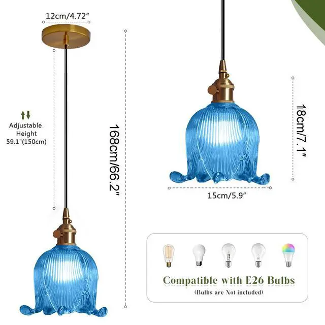 Alt view image 2 of 7 - Blue Glass Pendant Light Farmhouse Hanging Lights with Flower Shade Gold 1-Light Small Glass Pendant Light Vintage Brass Gold Ceiling Lighting for Kitchen Island Bedroom Dining Room