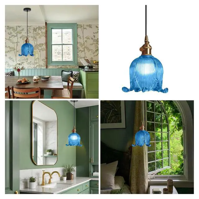 Alt view image 3 of 7 - Blue Glass Pendant Light Farmhouse Hanging Lights with Flower Shade Gold 1-Light Small Glass Pendant Light Vintage Brass Gold Ceiling Lighting for Kitchen Island Bedroom Dining Room
