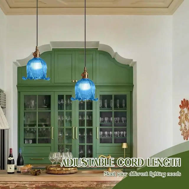 Alt view image 4 of 7 - Blue Glass Pendant Light Farmhouse Hanging Lights with Flower Shade Gold 1-Light Small Glass Pendant Light Vintage Brass Gold Ceiling Lighting for Kitchen Island Bedroom Dining Room