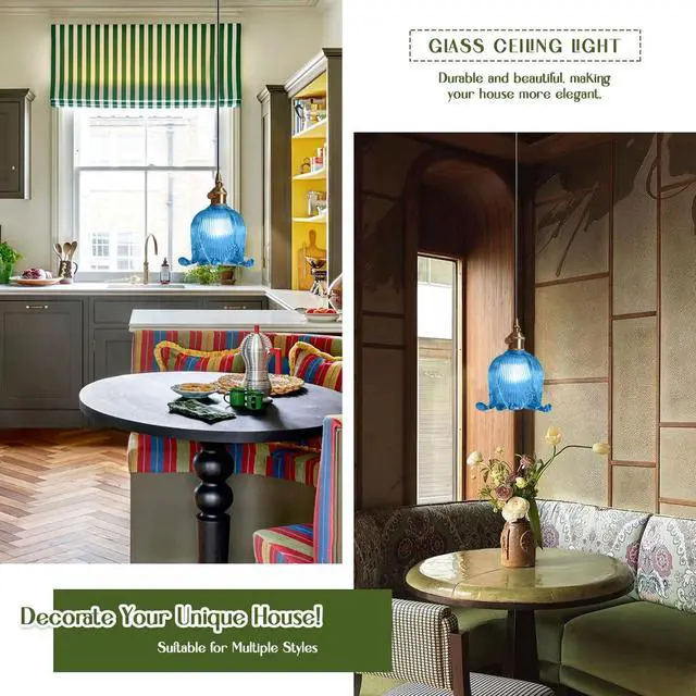 Alt view image 5 of 7 - Blue Glass Pendant Light Farmhouse Hanging Lights with Flower Shade Gold 1-Light Small Glass Pendant Light Vintage Brass Gold Ceiling Lighting for Kitchen Island Bedroom Dining Room