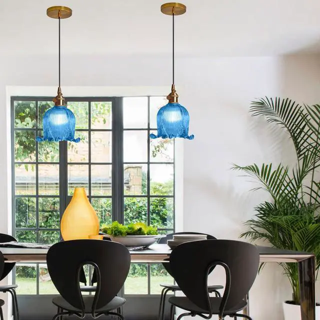 Alt view image 6 of 7 - Blue Glass Pendant Light Farmhouse Hanging Lights with Flower Shade Gold 1-Light Small Glass Pendant Light Vintage Brass Gold Ceiling Lighting for Kitchen Island Bedroom Dining Room