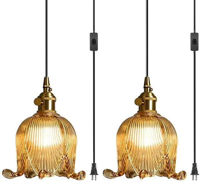 Main image of Vintage Plug-in Pendant Light Flower Amber Glass Lampshade Glass Plug in Hanging Lamp Gold Brass Socket E26 Hanging Lamp with 14.7Ft Adjustable Cord Pendant Lamp Living Room Kitchen