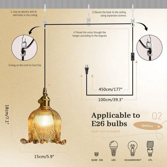 Alt view image 2 of 7 - Plug in Hanging Light Fixture Mid Century Glass Hanging Lights Flower Shaped Amber Plug Pendant Lamp with 15 ft Switch Cord Plug in Pendant Light for Kitchen Bedroom Background