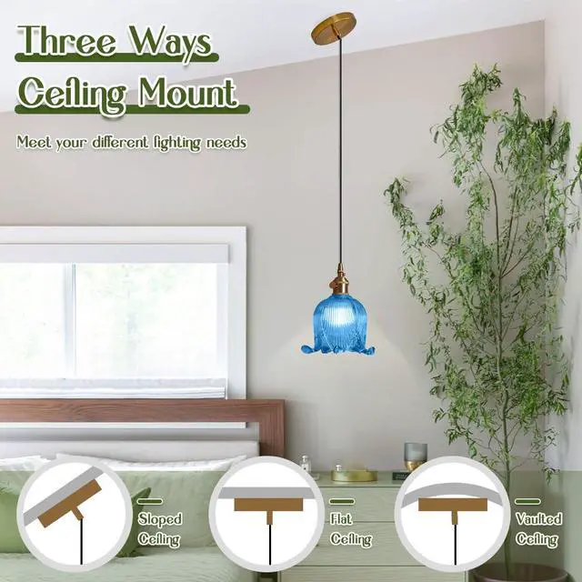 Alt view image 7 of 7 - Blue Glass Pendant Light Farmhouse Hanging Lights with Flower Shade Gold 1-Light Small Glass Pendant Light Vintage Brass Gold Ceiling Lighting for Kitchen Island Bedroom Dining Room