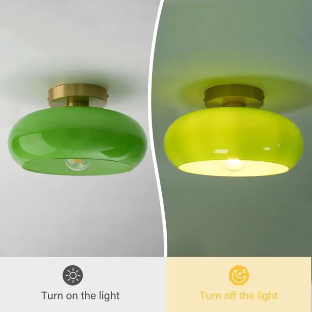 Alt view image 4 of 7 - Green Ceiling Light - Mid Century Modern Flush Ceiling Light with Milk Glass Globe and Dark Green Lamp Shade in Brushed Brass Close to Lamp for Dining Room Hallway Kitchen Island