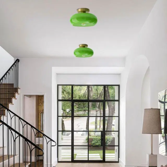 Alt view image 5 of 7 - Green Ceiling Light - Mid Century Modern Flush Ceiling Light with Milk Glass Globe and Dark Green Lamp Shade in Brushed Brass Close to Lamp for Dining Room Hallway Kitchen Island