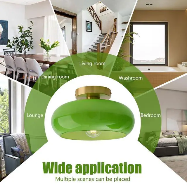 Alt view image 7 of 7 - Green Ceiling Light - Mid Century Modern Flush Ceiling Light with Milk Glass Globe and Dark Green Lamp Shade in Brushed Brass Close to Lamp for Dining Room Hallway Kitchen Island