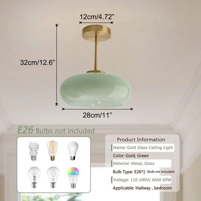 Alt view image 2 of 7 - Milk Ceiling Light mid Century Modern Ceiling Light fixtures with Milk Green Glass Shade Gold Semi Flush Mount Ceiling Light, Vintage Glass Ceiling Lamp Hallway Dining Room Kitchen