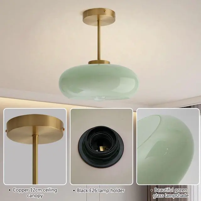 Alt view image 3 of 7 - Milk Ceiling Light mid Century Modern Ceiling Light fixtures with Milk Green Glass Shade Gold Semi Flush Mount Ceiling Light, Vintage Glass Ceiling Lamp Hallway Dining Room Kitchen