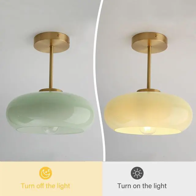 Alt view image 6 of 7 - Milk Ceiling Light mid Century Modern Ceiling Light fixtures with Milk Green Glass Shade Gold Semi Flush Mount Ceiling Light, Vintage Glass Ceiling Lamp Hallway Dining Room Kitchen