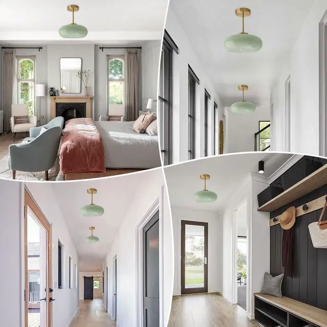 Alt view image 4 of 7 - Milk Ceiling Light mid Century Modern Ceiling Light fixtures with Milk Green Glass Shade Gold Semi Flush Mount Ceiling Light, Vintage Glass Ceiling Lamp Hallway Dining Room Kitchen
