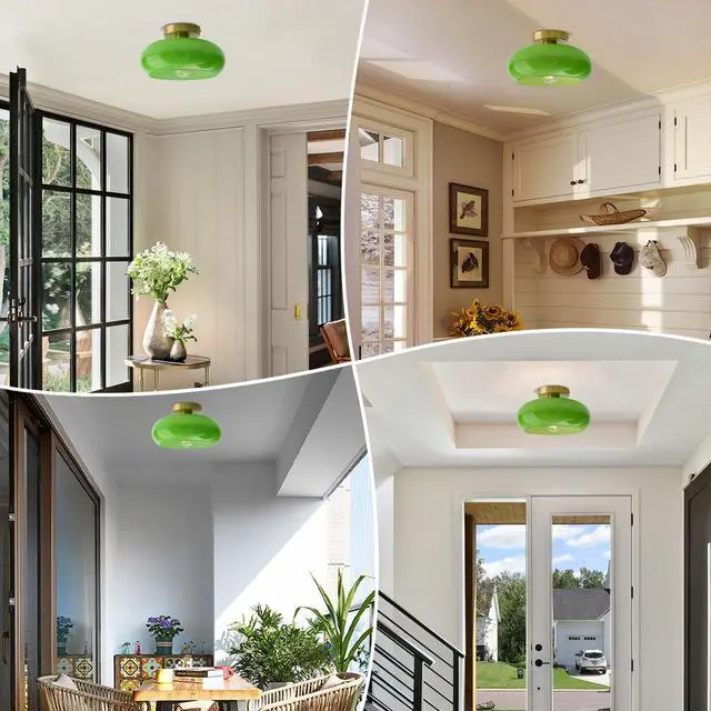 Alt view image 6 of 7 - Green Ceiling Light - Mid Century Modern Flush Ceiling Light with Milk Glass Globe and Dark Green Lamp Shade in Brushed Brass Close to Lamp for Dining Room Hallway Kitchen Island