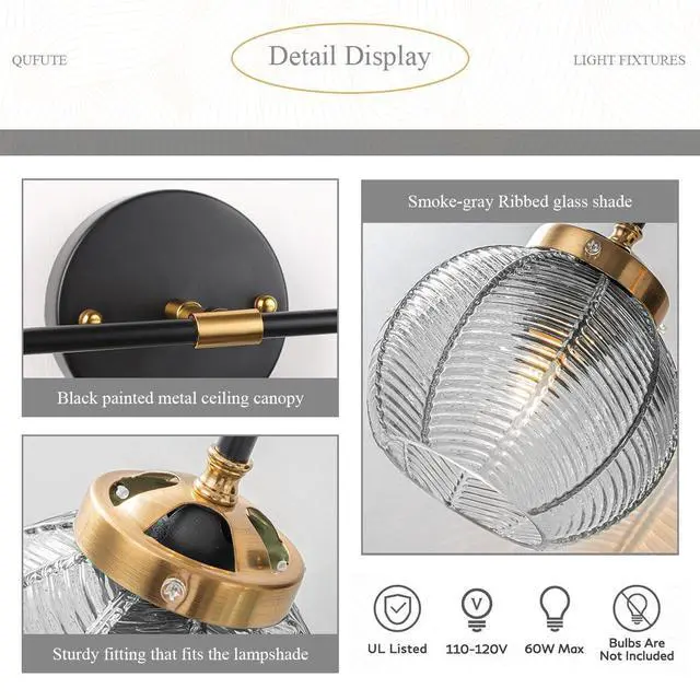 Alt view image 3 of 7 - Vintage Bathroom Vanity Light Fixture Modern Wall Sconce Over Mirror | Thick Glass Ribbed Smoky Gray Globe Lamp Shade Mid Century Black Gold Vanity Lights Fixtures for Farmhouse Dining Room above