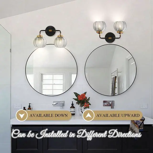 Alt view image 4 of 7 - Vintage Bathroom Vanity Light Fixture Modern Wall Sconce Over Mirror | Thick Glass Ribbed Smoky Gray Globe Lamp Shade Mid Century Black Gold Vanity Lights Fixtures for Farmhouse Dining Room above