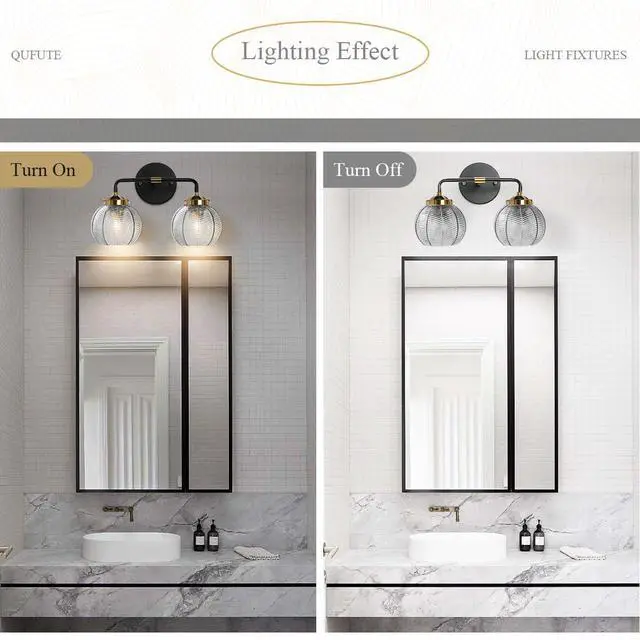 Alt view image 6 of 7 - Vintage Bathroom Vanity Light Fixture Modern Wall Sconce Over Mirror | Thick Glass Ribbed Smoky Gray Globe Lamp Shade Mid Century Black Gold Vanity Lights Fixtures for Farmhouse Dining Room above