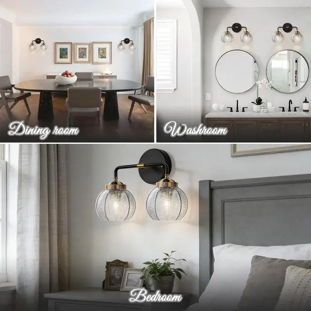 Alt view image 7 of 7 - Vintage Bathroom Vanity Light Fixture Modern Wall Sconce Over Mirror | Thick Glass Ribbed Smoky Gray Globe Lamp Shade Mid Century Black Gold Vanity Lights Fixtures for Farmhouse Dining Room above