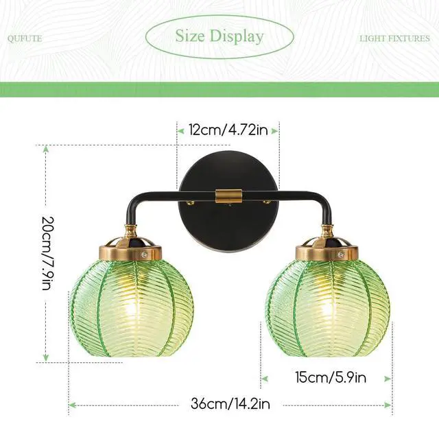 Alt view image 2 of 7 - Bathroom Wall Light Emerald Green 2-Lights Leaf Texture Glass Shade | Modern Vanity Light Fixtures 15cm/5.9 Thick Globe Glass Shade Mid Century Wall Lamp Sconce Over Mirror Living Room Cabinet