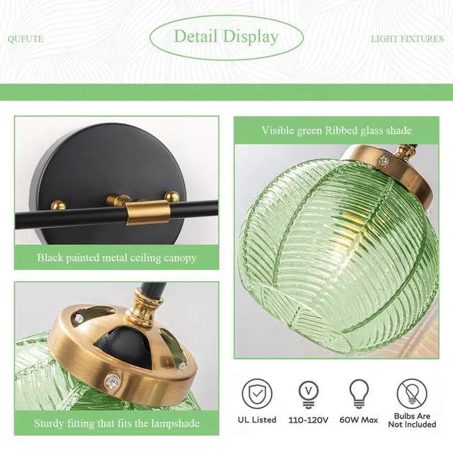 Alt view image 3 of 7 - Bathroom Wall Light Emerald Green 2-Lights Leaf Texture Glass Shade | Modern Vanity Light Fixtures 15cm/5.9 Thick Globe Glass Shade Mid Century Wall Lamp Sconce Over Mirror Living Room Cabinet