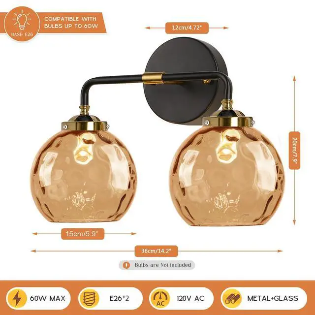 Alt view image 2 of 7 - Amber Glass Vanity Light Bathroom Wall Lighting Modern Bathroom Wall Lamp Antique Globe Sconces 2 Glass Ball Shade Black Gold Wall Mounted Light Fixture Over Mirror Vanity Lights