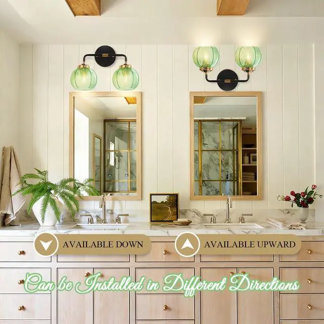 Alt view image 5 of 7 - Bathroom Wall Light Emerald Green 2-Lights Leaf Texture Glass Shade | Modern Vanity Light Fixtures 15cm/5.9 Thick Globe Glass Shade Mid Century Wall Lamp Sconce Over Mirror Living Room Cabinet