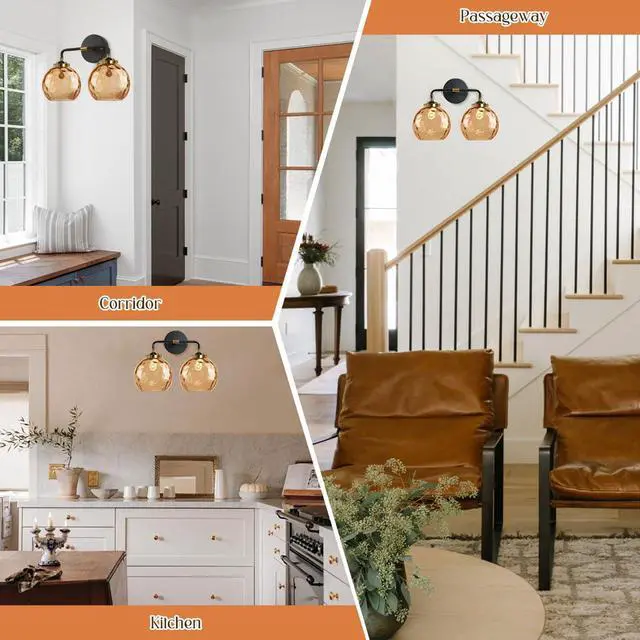 Alt view image 4 of 7 - Amber Glass Vanity Light Bathroom Wall Lighting Modern Bathroom Wall Lamp Antique Globe Sconces 2 Glass Ball Shade Black Gold Wall Mounted Light Fixture Over Mirror Vanity Lights