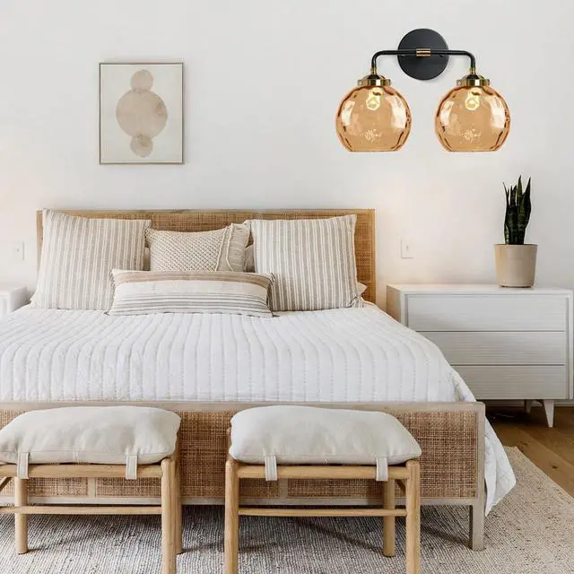 Alt view image 6 of 7 - Amber Glass Vanity Light Bathroom Wall Lighting Modern Bathroom Wall Lamp Antique Globe Sconces 2 Glass Ball Shade Black Gold Wall Mounted Light Fixture Over Mirror Vanity Lights