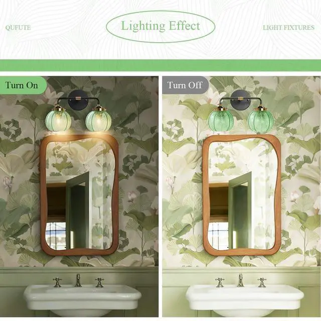 Alt view image 4 of 7 - Bathroom Wall Light Emerald Green 2-Lights Leaf Texture Glass Shade | Modern Vanity Light Fixtures 15cm/5.9 Thick Globe Glass Shade Mid Century Wall Lamp Sconce Over Mirror Living Room Cabinet