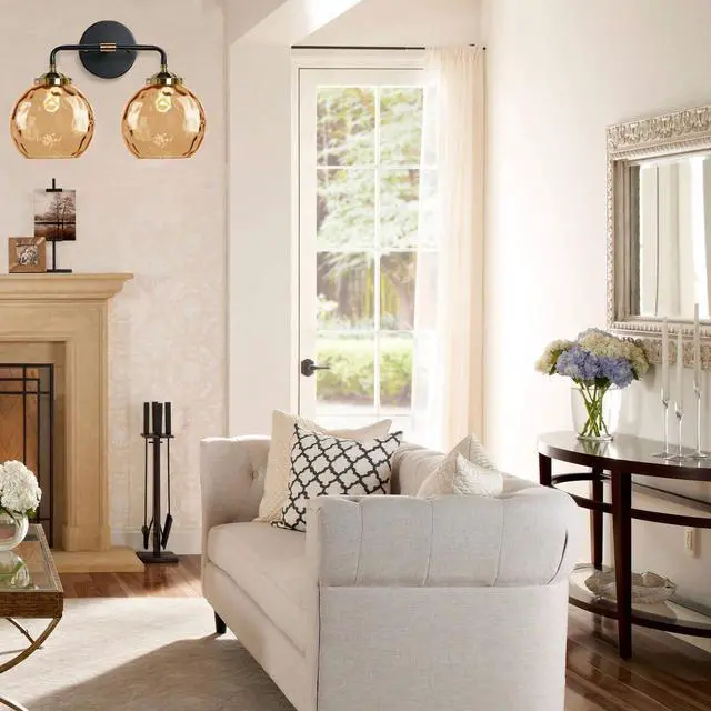 Alt view image 7 of 7 - Amber Glass Vanity Light Bathroom Wall Lighting Modern Bathroom Wall Lamp Antique Globe Sconces 2 Glass Ball Shade Black Gold Wall Mounted Light Fixture Over Mirror Vanity Lights
