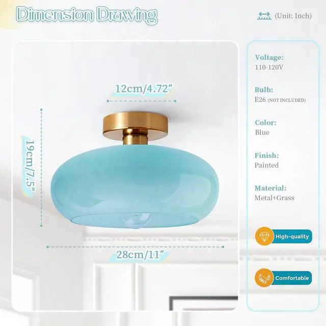 Alt view image 2 of 7 - Blue Close to Ceiling Light Fixtures Vintage Flush Mount Ceiling Lights 11" Round Dome Thickened Glass Shade Gold Mid Century Semi Flush Mount Light Hallway Entrance Lighting Fixture