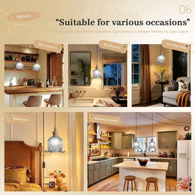 Alt view image 6 of 7 - Modern Plug in Hanging Light Flower Shaped Smoky Gray Pendant Lamp with Adjustable 15FT Cord and Switch Cord Gold Brass Finish, Vintage Plug in Hanging Lamp for Kitchen Bedroom Foyer