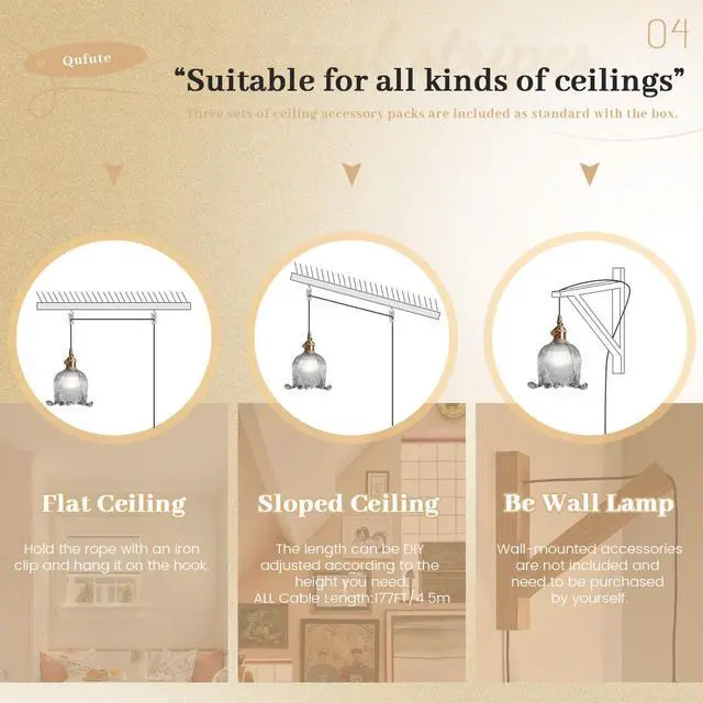 Alt view image 7 of 7 - Modern Plug in Hanging Light Flower Shaped Smoky Gray Pendant Lamp with Adjustable 15FT Cord and Switch Cord Gold Brass Finish, Vintage Plug in Hanging Lamp for Kitchen Bedroom Foyer
