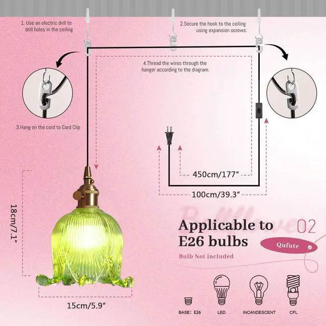 Alt view image 2 of 7 - Green Plug in Pendant Light Fixtures Flower Glass Hanging Lights with 15 ft Switch Cord Mid Century Modern Hanging Lamp Plug in Brushed Brass Pendant Lamps for Kitchen Living Room