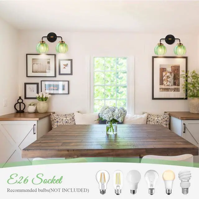 Alt view image 6 of 7 - Bathroom Wall Light Emerald Green 2-Lights Leaf Texture Glass Shade | Modern Vanity Light Fixtures 15cm/5.9 Thick Globe Glass Shade Mid Century Wall Lamp Sconce Over Mirror Living Room Cabinet