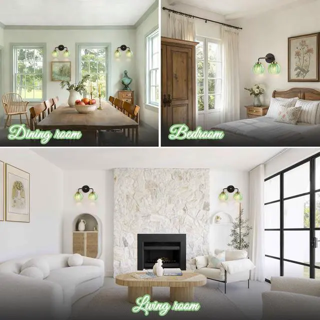 Alt view image 7 of 7 - Bathroom Wall Light Emerald Green 2-Lights Leaf Texture Glass Shade | Modern Vanity Light Fixtures 15cm/5.9 Thick Globe Glass Shade Mid Century Wall Lamp Sconce Over Mirror Living Room Cabinet