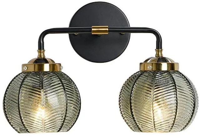 Main image of Mid Century Vanity Light Black Bathroom Wall Light Fixtures Green Glass Wall Sconce lamp Ribbed Glass Shade Modern Art Deco Vanity Lights for Over Mirror Bedroom Hallway 2 Lights