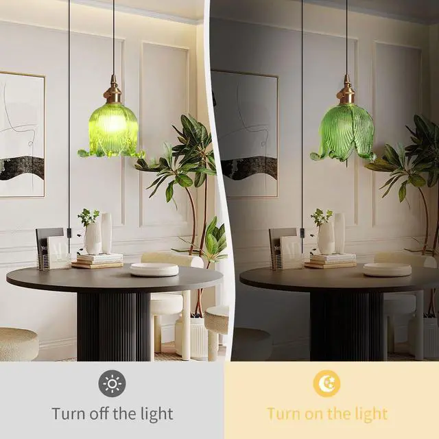 Alt view image 4 of 7 - Green Plug in Pendant Light Fixtures Flower Glass Hanging Lights with 15 ft Switch Cord Mid Century Modern Hanging Lamp Plug in Brushed Brass Pendant Lamps for Kitchen Living Room