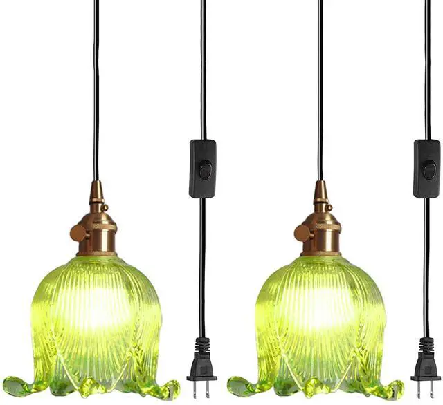 Main image of Green Plug in Pendant Light Fixtures Flower Glass Hanging Lights with 15 ft Switch Cord Mid Century Modern Hanging Lamp Plug in Brushed Brass Pendant Lamps for Kitchen Living Room