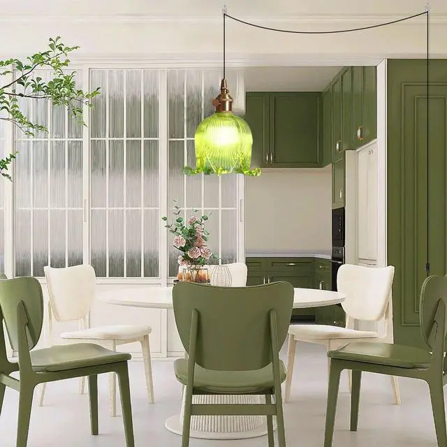 Alt view image 5 of 7 - Green Plug in Pendant Light Fixtures Flower Glass Hanging Lights with 15 ft Switch Cord Mid Century Modern Hanging Lamp Plug in Brushed Brass Pendant Lamps for Kitchen Living Room