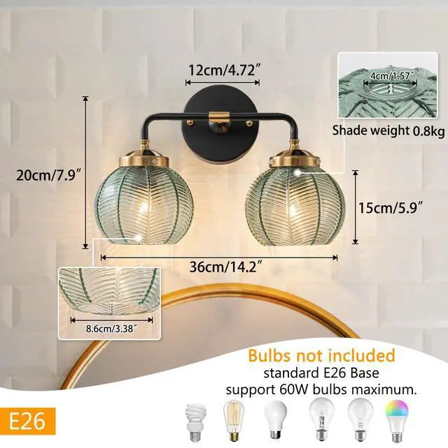 Alt view image 3 of 7 - Mid Century Vanity Light Black Bathroom Wall Light Fixtures Green Glass Wall Sconce lamp Ribbed Glass Shade Modern Art Deco Vanity Lights for Over Mirror Bedroom Hallway 2 Lights