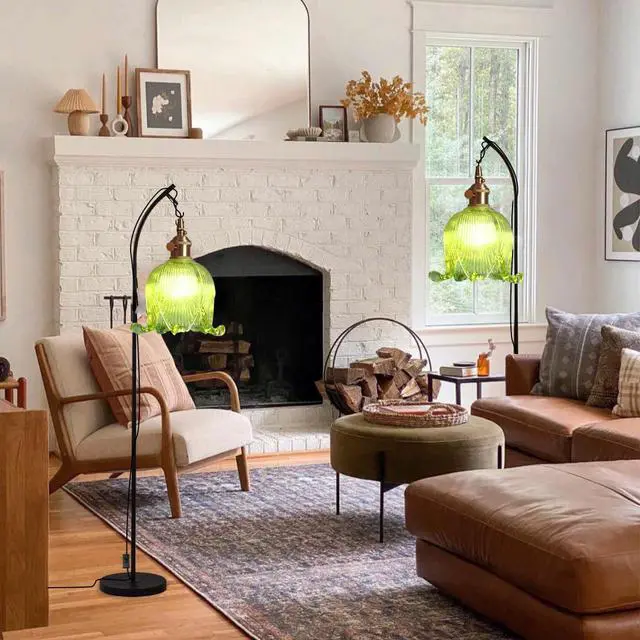 Alt view image 7 of 7 - Green Plug in Pendant Light Fixtures Flower Glass Hanging Lights with 15 ft Switch Cord Mid Century Modern Hanging Lamp Plug in Brushed Brass Pendant Lamps for Kitchen Living Room