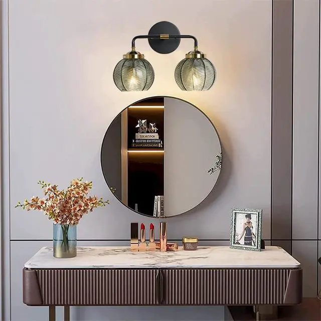 Alt view image 5 of 7 - Mid Century Vanity Light Black Bathroom Wall Light Fixtures Green Glass Wall Sconce lamp Ribbed Glass Shade Modern Art Deco Vanity Lights for Over Mirror Bedroom Hallway 2 Lights
