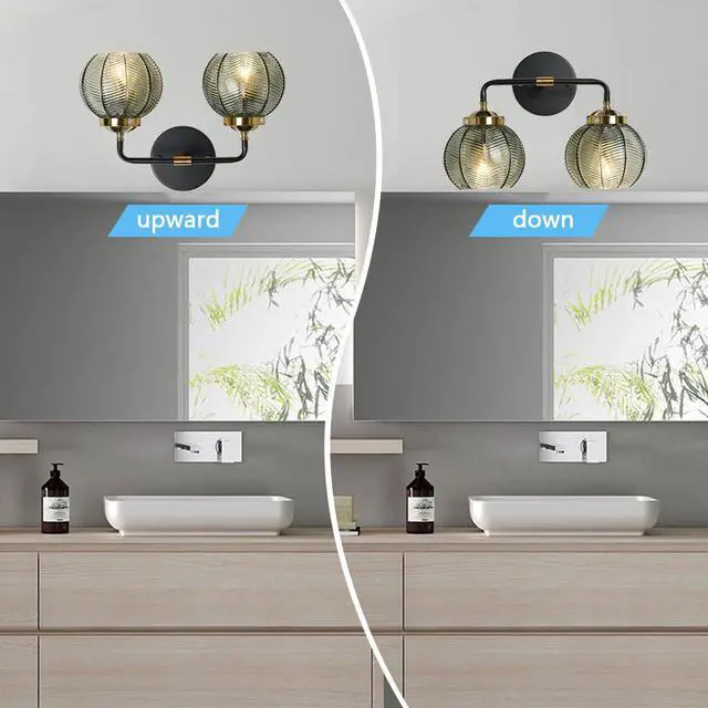 Alt view image 4 of 7 - 2-Light Glass Vanity Light Mid Century Modern Wall Sconces with Green Ribbed Glass Shade Vintage Bathroom Vanity Lights Industrial Wall Lamp for Mirror Bedroom Living Room Hallway