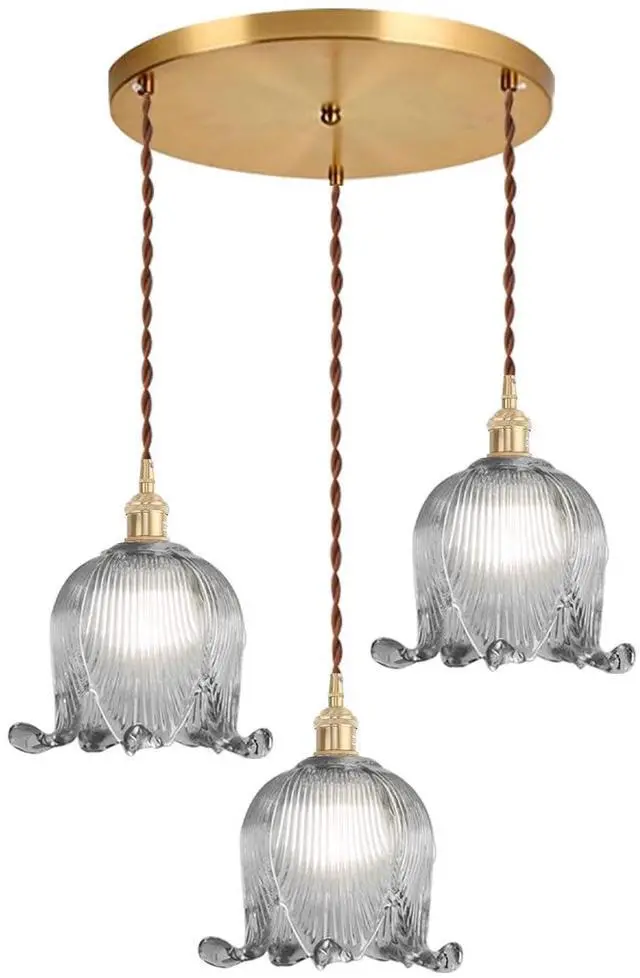 Main image of Cluster Chandelier Gray Flower 3-Lights Mid-Century Pendant Light | 5.9" Shade Flower Glass Chandelier Brushed Gold Brass Finish Adjustable cord Modern Lights Fixtures for Dining Room Stair