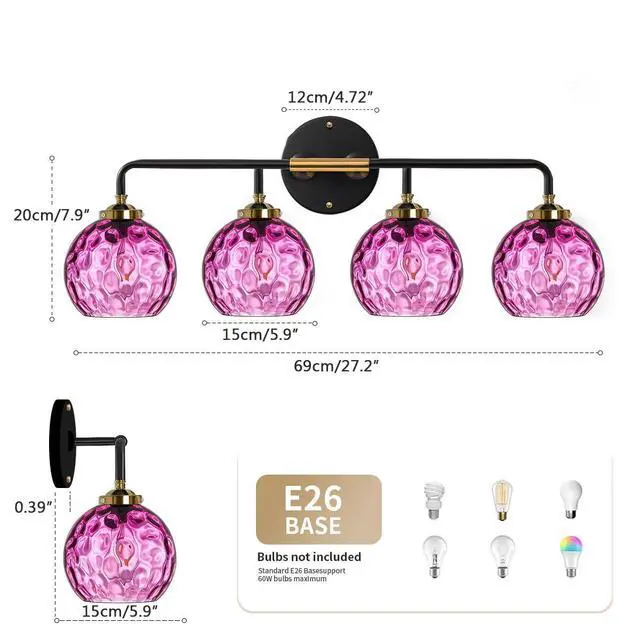 Alt view image 2 of 7 - Modern Bathroom Vanity Light Fixture 4 Light Glass Globe Sconce Purple Wall Sconce Lights Pink Vanity Lamp Mid-Century Wall Light with Hammer Glass Shade Vanity Lights for Over Mirror