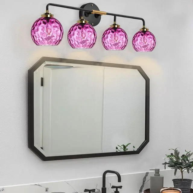 Alt view image 4 of 7 - Modern Bathroom Vanity Light Fixture 4 Light Glass Globe Sconce Purple Wall Sconce Lights Pink Vanity Lamp Mid-Century Wall Light with Hammer Glass Shade Vanity Lights for Over Mirror