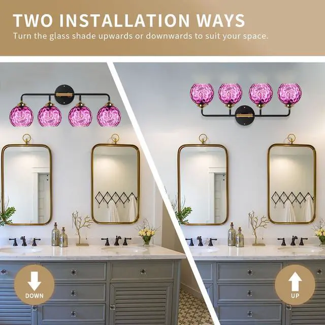 Alt view image 3 of 7 - Modern Bathroom Vanity Light Fixture 4 Light Glass Globe Sconce Purple Wall Sconce Lights Pink Vanity Lamp Mid-Century Wall Light with Hammer Glass Shade Vanity Lights for Over Mirror